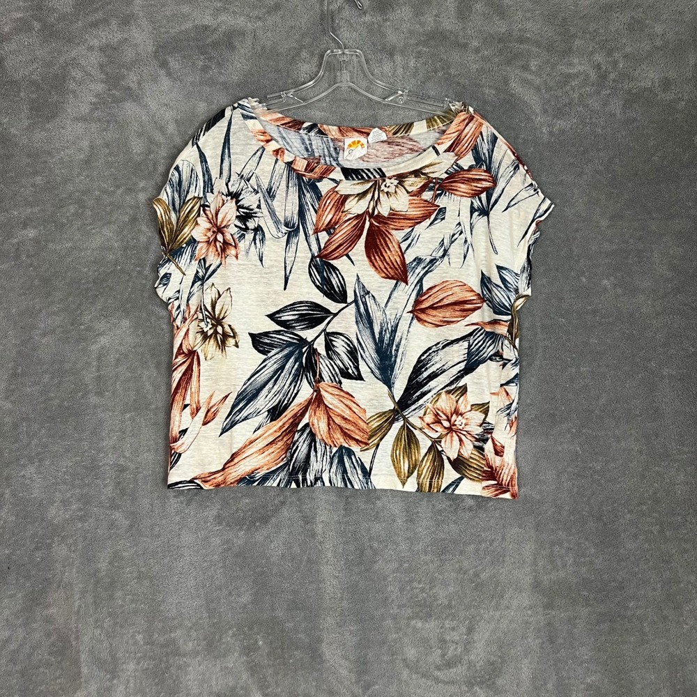 C&C California Cropped T Shirt Womens M 100% Linen Floral Hawaiian Lightweight